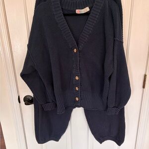 Women's Navy Button-Front Knit Cardigan and Pant Sweater Set